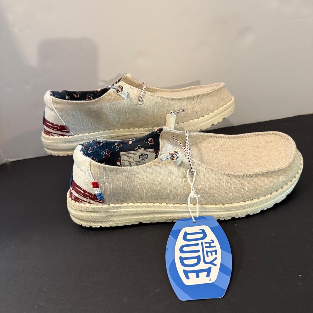 Hey Dude Wendy Texas Canvas Off White Loafers Stars Stripes 40381-1LB Womens 9